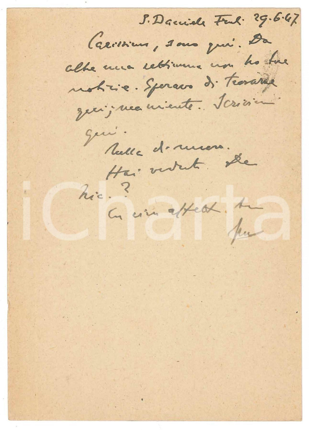 Autografo originale 1947 SAN DANIELE DEL FRIULI Cartolina Vincenzo MANZINI a un amico  Autografo 1