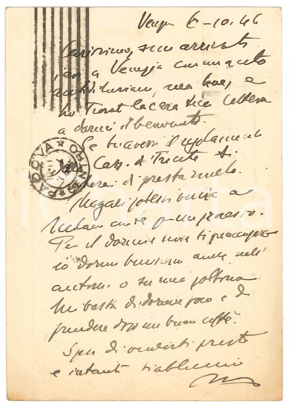 Autografo originale 1946 VENEZIA Cartolina Vincenzo MANZINI appena arrivato Autografo 1