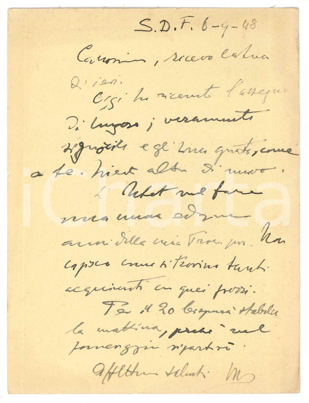 Autografo originale 1948 SAN DANIELE DEL FRIULI Vincenzo MANZINI a un collega Autografo 1