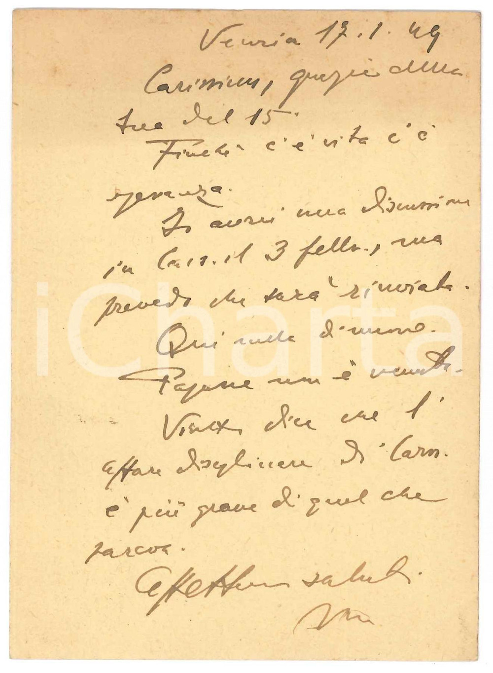 Autografo originale 1949 VENEZIA Vincenzo MANZINI  Cartolina a un collega Autografo 1