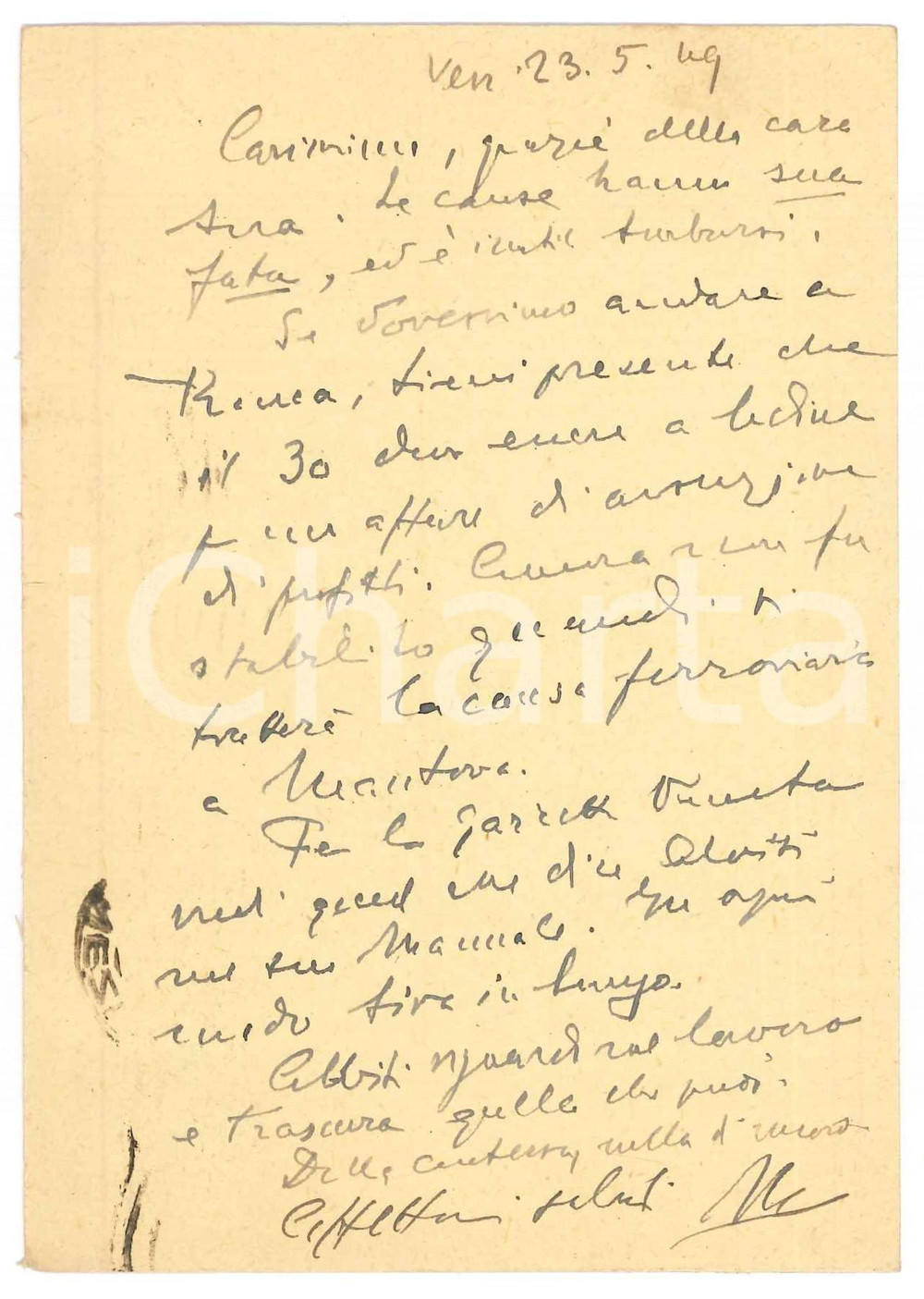 Autografo originale 1949 VENEZIA Vincenzo MANZINI in viaggio per lavoro  Autografo 1