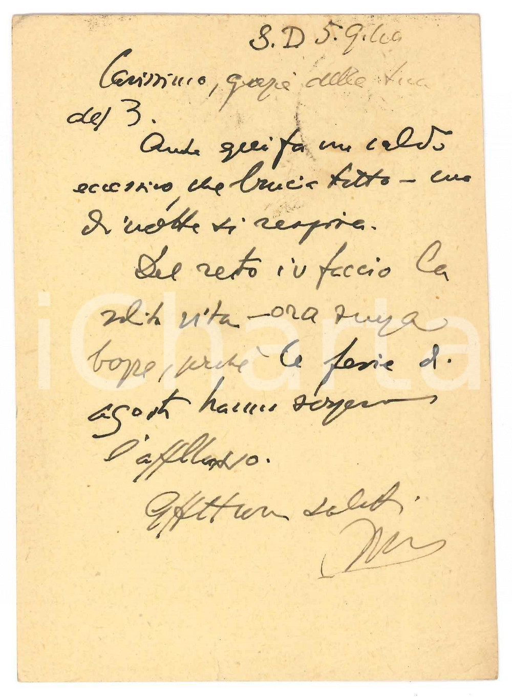 Autografo originale 1946 SAN DANIELE DEL FRIULI Vincenzo MANZINI  Ferie d agosto Autografo 1