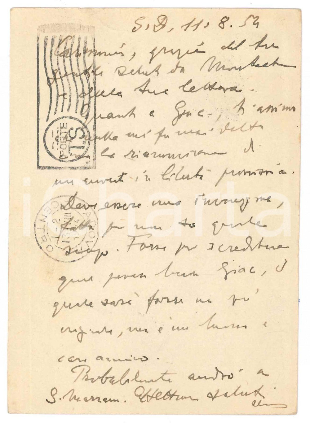 Autografo originale 1954 SAN DANIELE DEL FRIULI Cartolina Vincenzo MANZINI  Autografo 1