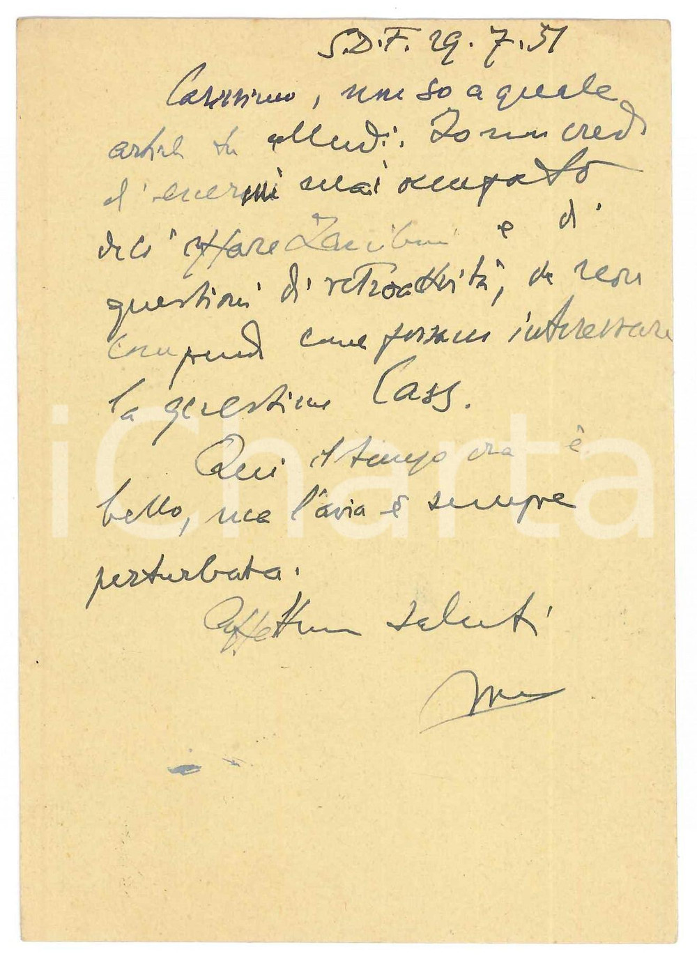 Autografo originale 1951 SAN DANIELE DEL FRIULI Vincenzo MANZINI  Cause mai affrontate AUTOGRAFO 1