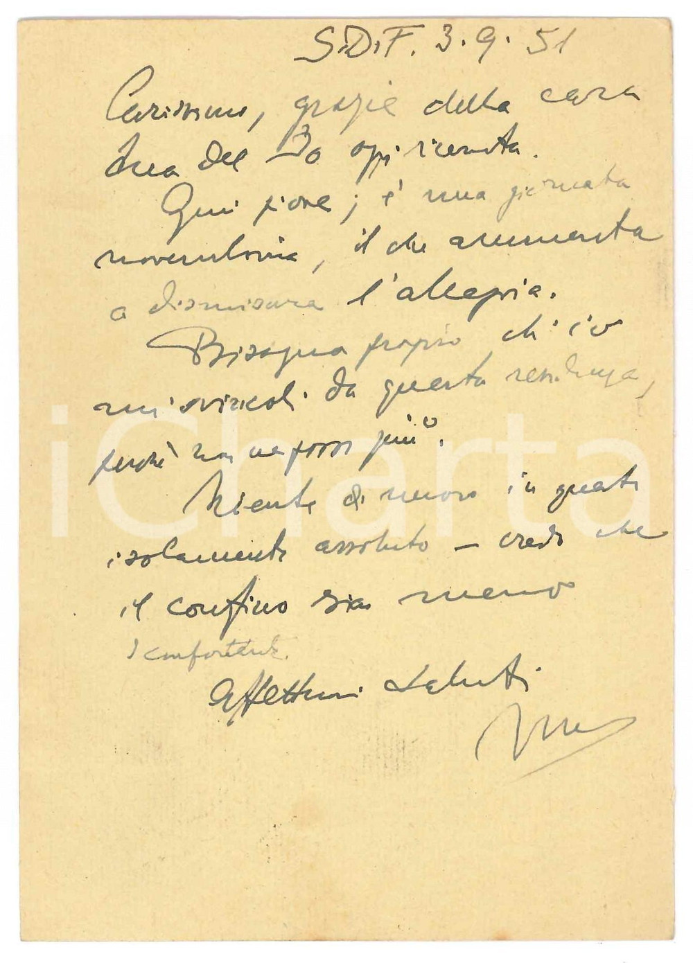 Autografo originale 1951 SAN DANIELE DEL FRIULI Vincenzo MANZINI in isolamento assoluto Autografo 1
