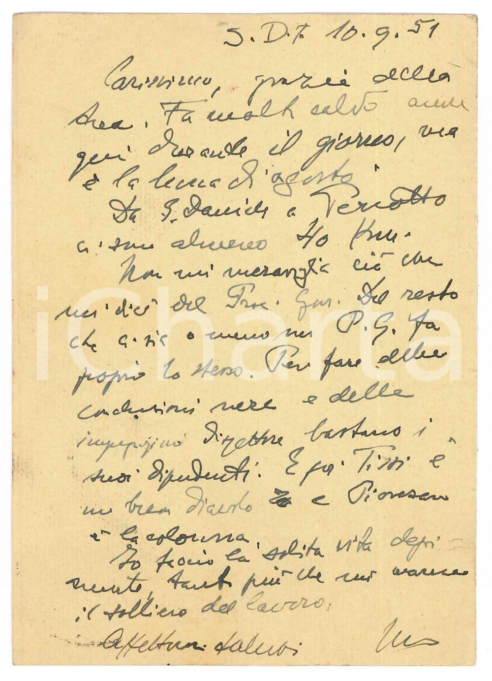 Autografo originale 1951 SAN DANIELE DEL FRIULI Vincenzo MANZINI e il tempo freddo  Autografo 1