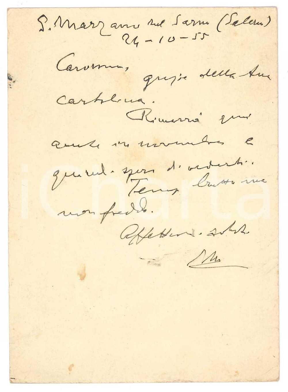 Autografo originale 1955 SAN MARZANO SUL SARNO Cartolina Vincenzo MANZINI  Autografo 1