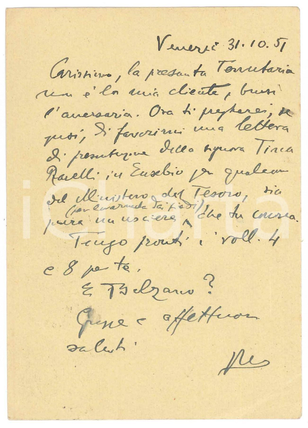 Autografo originale 1951 VENEZIA Vincenzo MANZINI chiede lettera di presentazione  Autografo 1