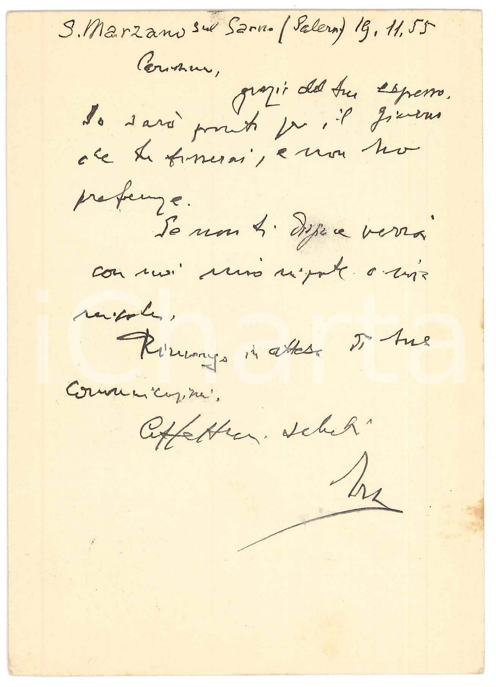 Autografo originale 1955 SAN MARZANO SUL SARNO Vincenzo MANZINI sull incontro con un amico AUTOGRAFO 1