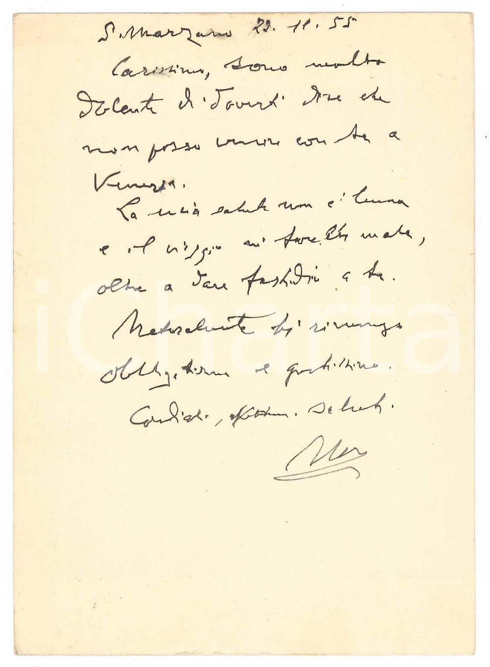 Autografo originale 1955 SAN MARZANO SUL SARNO Vincenzo MANZINI in salute non buona Autografo 1