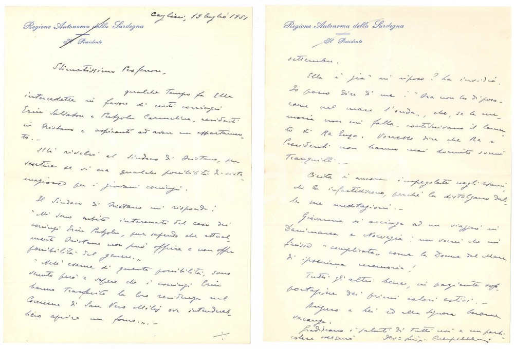 1951 CAGLIARI Lettera Luigi CRESPELLANI - Notizie di famiglia *Autografo Lettera interamente autografa di Luigi Crespellani, all'epoca presidente della regione Sardegna.Su carta intestata "Regione Autonoma della Sardegna - Il Presidente".PAGINE: 3 FAIR/discreto piegature d'epoca  originale e autentica 1