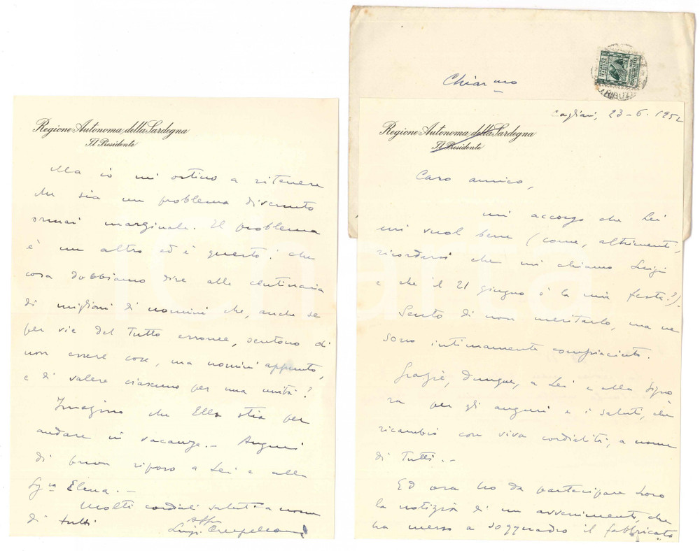 Autografo originale 1952 CAGLIARI Lettera Luigi CRESPELLANI  Notizie di famiglia Autografo 1