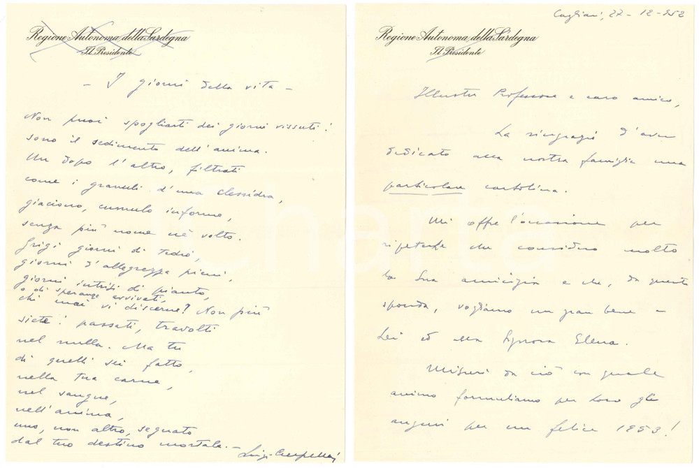 Autografo originale 1952 CAGLIARI Luigi CRESPELLANI  Lettera a un amico con poesia Autografo 1