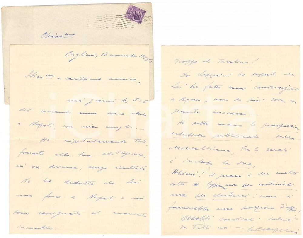 Autografo originale 1953 CAGLIARI Lettera Luigi CRESPELLANI piÃ¹ che mai affaticato Autografo 1