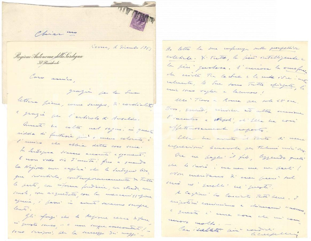 Autografo originale 1953 ROMA Luigi CRESPELLANI La Sardegna bisogna investirla con riforme 1