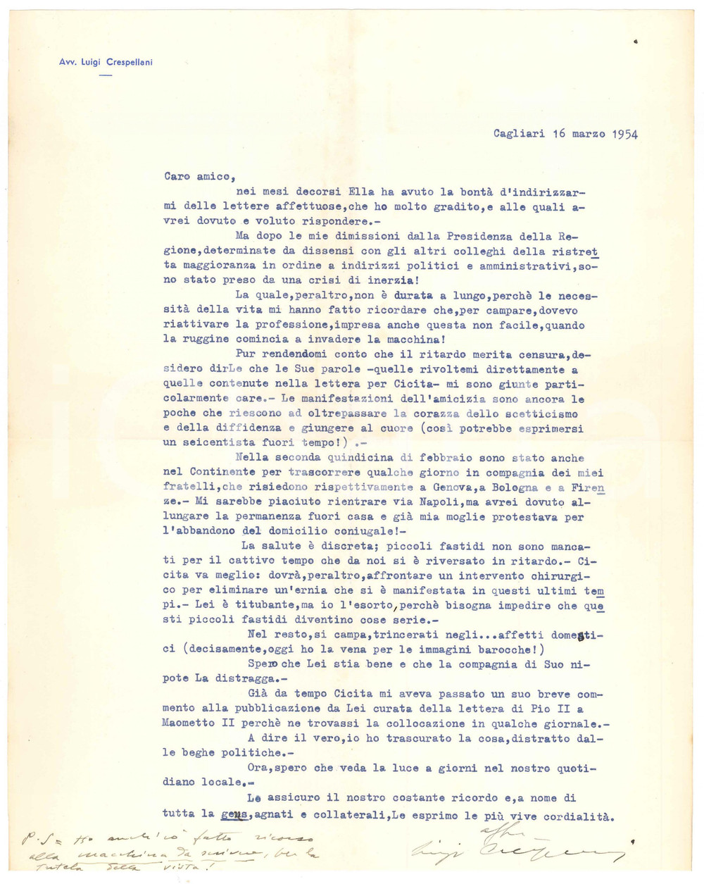 1954 CAGLIARI Luigi CRESPELLANI in crisi dopo le dimissioni *Autografo