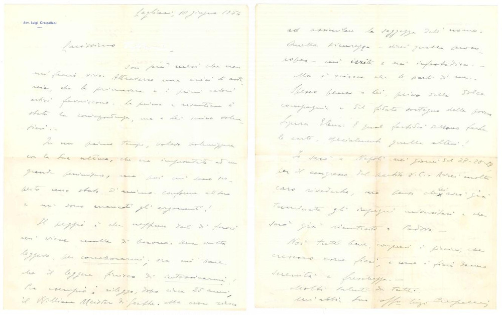 Autografo originale 1954 CAGLIARI Luigi CRESPELLANI  Riposo dopo le dimissioni Autografo 1