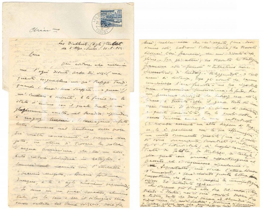 Autografo originale 1954 LES DIABLERETS CH Luigi CRESPELLANI contro Emil LUDWIG su Mussolini 1