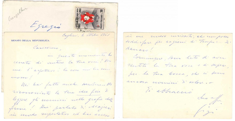Autografo originale 1961 CAGLIARI Luigi CRESPELLANI ringrazia un amico per una telefonata Autografo 1