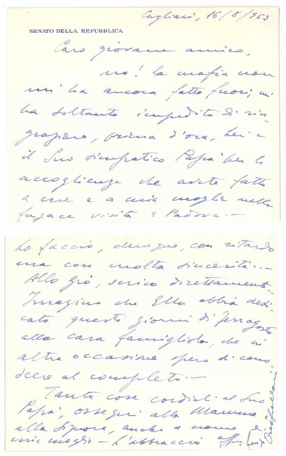 Autografo originale 1963 CAGLIARI Biglietto Luigi CRESPELLANI  Ringraziamenti a un amico Autografo 1