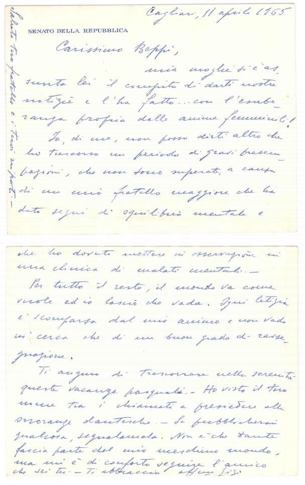 Autografo originale 1965 CAGLIARI Biglietto Luigi CRESPELLANI  Senatore della Repubblica Autografo 1
