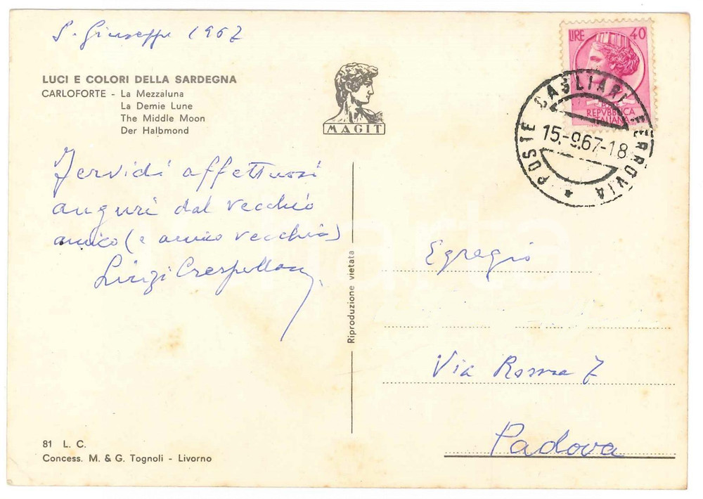 Autografo originale 1967 CAGLIARI Cartolina Luigi CRESPELLANI per auguri Autografo 1