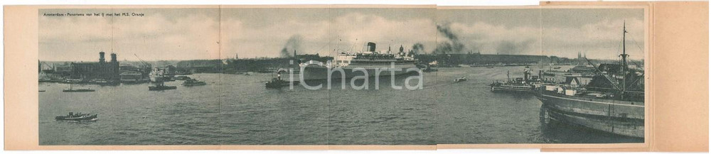 Materiale pubblicitario d’epoca 1910 ca AMSTERDAM Panorama souvenir  Panorama van het lj met het M.S.ORANJE 1