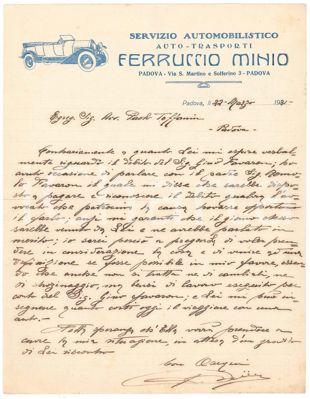 Documento originale, autentico 1931 PADOVA Ferruccio MINIO Autotrasporti  Servizio automobilistico Lettera 1