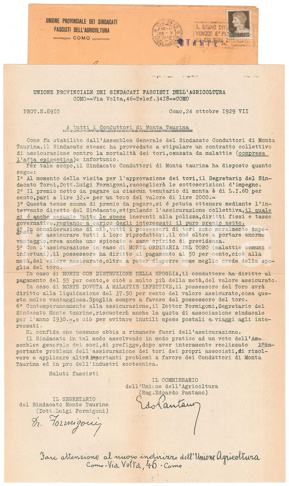 Documento originale, autentico 1929 COMO Monta taurina  Assicurazione contro mortalitÃ  tori Lettera 1
