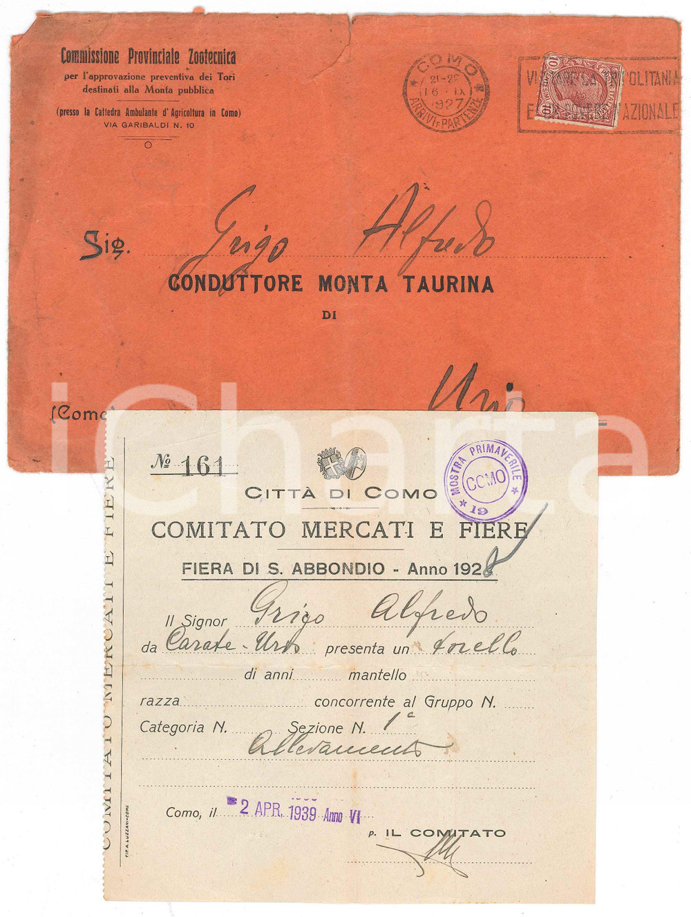 Documento originale, autentico 1939 COMO Fiera S. ABBONDIO  Ricevuta per torello a mostra bovina 1