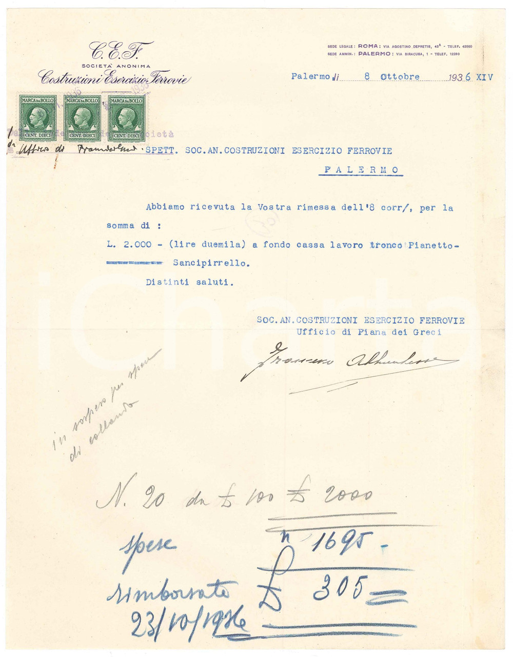 Documento originale, autentico 1936 PALERMO  C.E.F. Costruzioni Esercizio Ferrovie  Ricevuta 1
