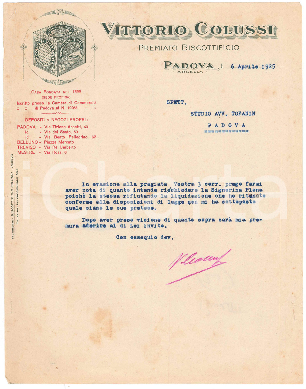 Documento originale, autentico 1925 PADOVA ARCELLA Vittorio COLUSSI Premiato biscottificio Lettera commerciale 1