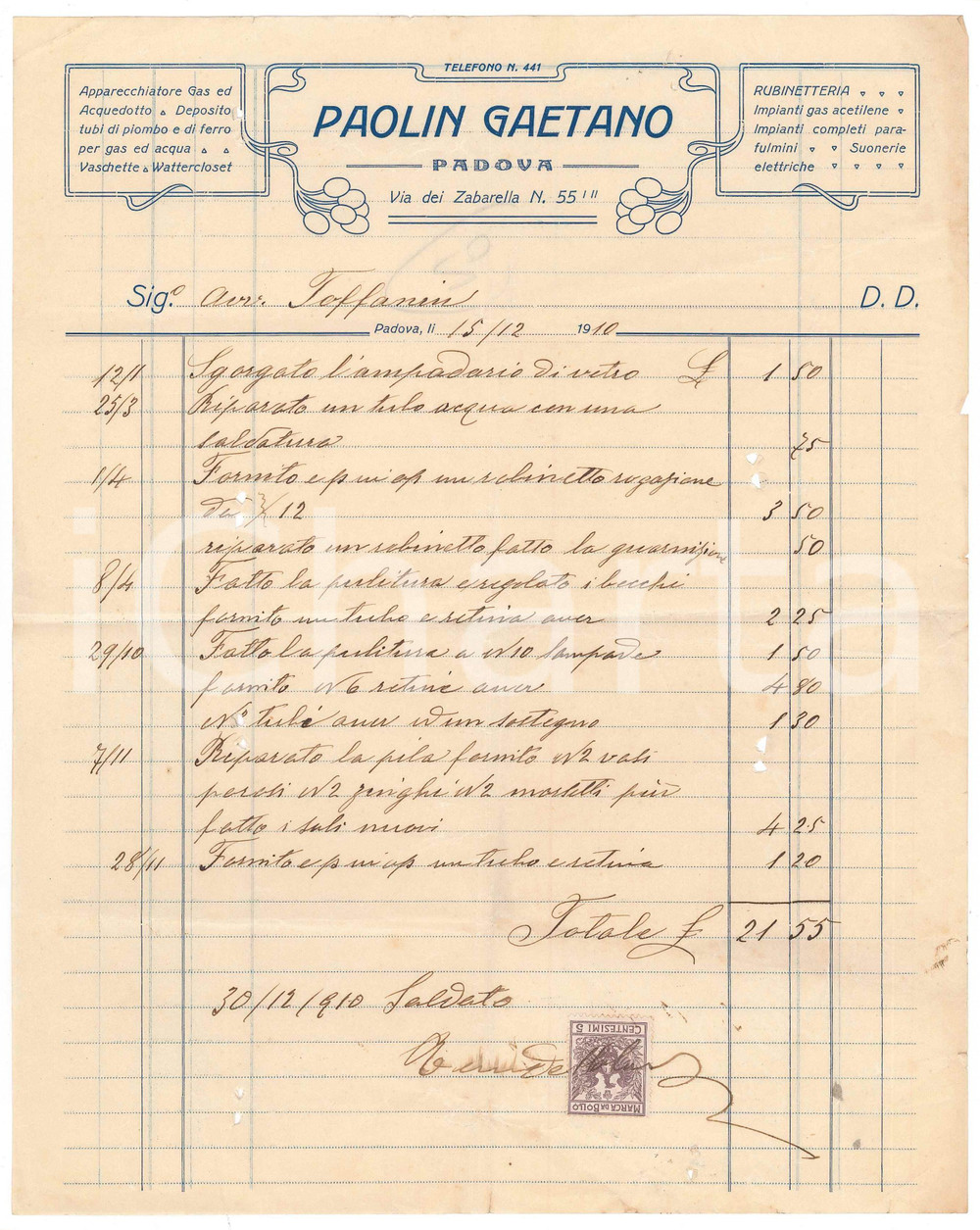 Documento originale, autentico 1910 PADOVA Via Zabarella 55  Gaetano PAOLIN  Rubinetteria Fattura 1