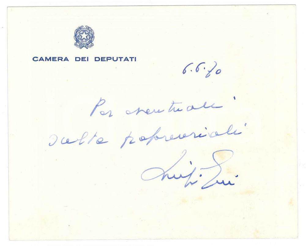 Autografo originale 1970 ROMA Camera dei Deputati  Biglietto on. Luigi GUI  AUTOGRAFO 1