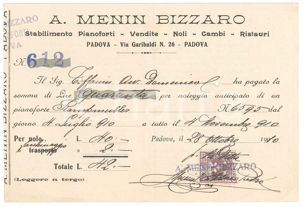 1910 PADOVA - A. MENIN BIZZARRO Pianoforti - Ricevuta per noleggio Ricevuta originale d'epoca, intestata. FAIR/discreto piegature d'epoca; fori da classificatore Formato: 18x12 cm originale e autentica 1