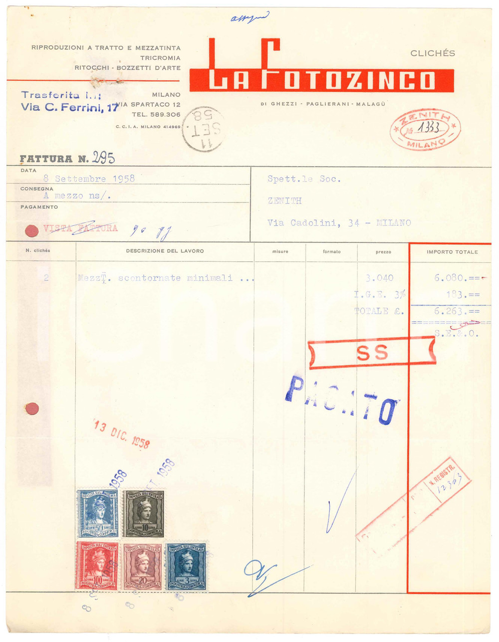 1958 MILANO Via Spartaco - LA FOTOZINCO Riproduzioni e bozzetti *Fattura 1 Fattura originale d'epoca, su carta intestata.PAGINE: 1  POOR/danneggiato piegature d'epoca; fori da classificatore  originale e autentica 1