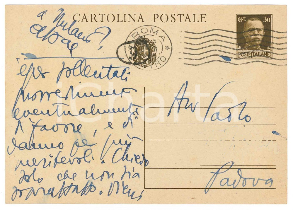 Autografo originale 1938 PARMA Aurelio CANDIAN  Cartolina a un collega  Autografo 1