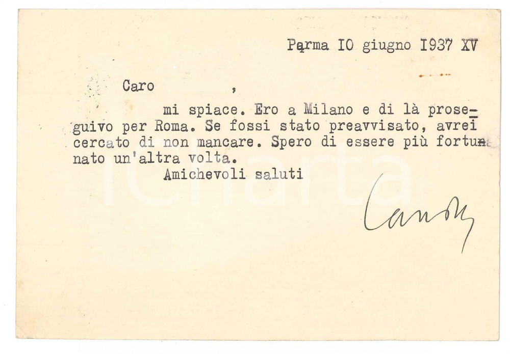 1937 PARMA Aurelio CANDIAN - Cartolina a un collega *Autografo