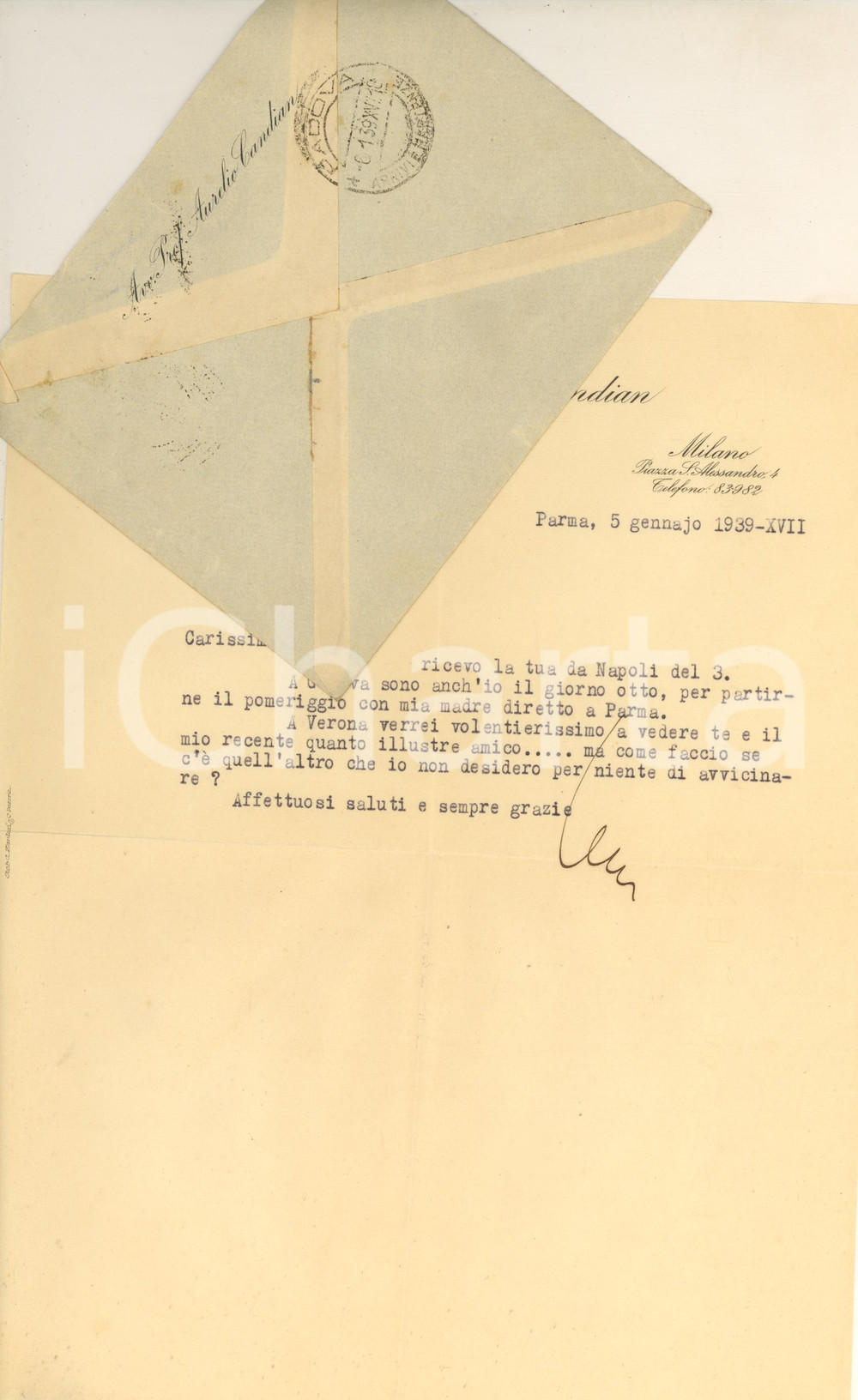 1939 PARMA Lettera Aurelio CANDIAN su visita a Verona *Autografo Lettera dattiloscritta, con firma autografa, indirizzata a un amico.Su carta intestata; busta viaggiata.PAGINE: 1 FAIR/discreto piegature d'epoca  originale e autentica 1