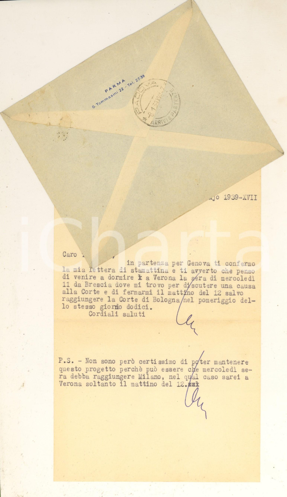 Autografo originale 1939 PARMA Lettera Aurelio CANDIAN  Visita a Verona  Autografo 1