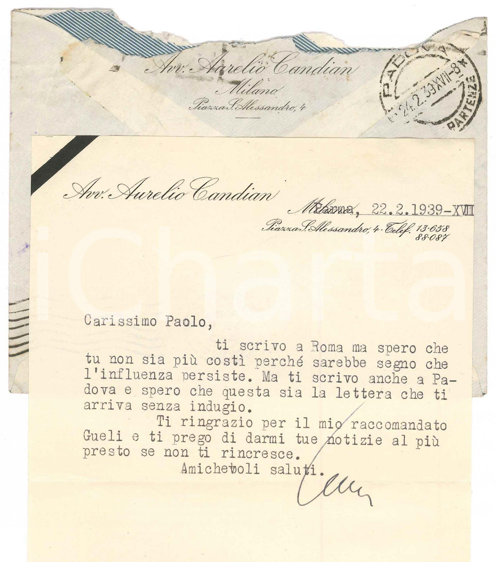 Autografo originale 1939 PARMA Lettera Aurelio CANDIAN  Ringraziamento  Autografo 1