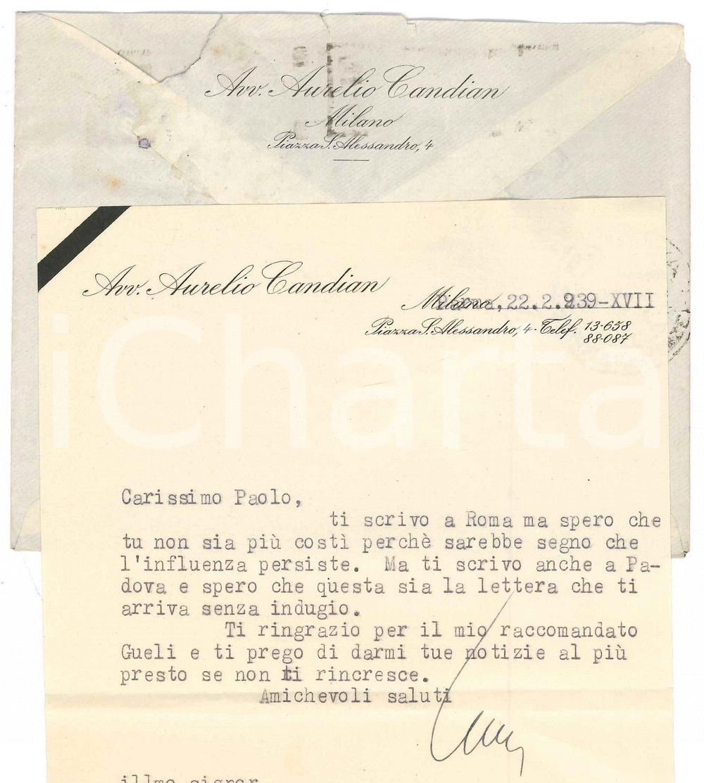 Autografo originale 1939 PARMA Lettera Aurelio CANDIAN  Ringraziamento a un collega Autografo 1
