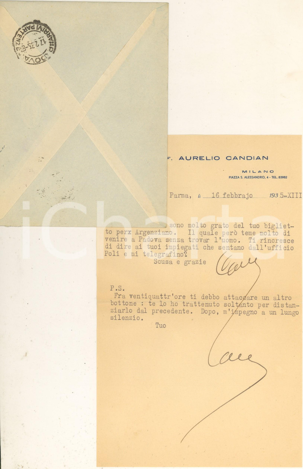 Autografo originale 1935 PARMA Lettera Aurelio CANDIAN a un collega Autografo 1