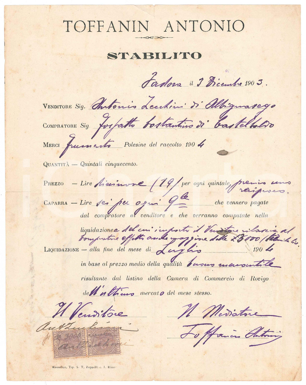 Documento originale, autentico 1903 PADOVA Contratto vendita frumento  Antonio TOFFANIN mediatore 1