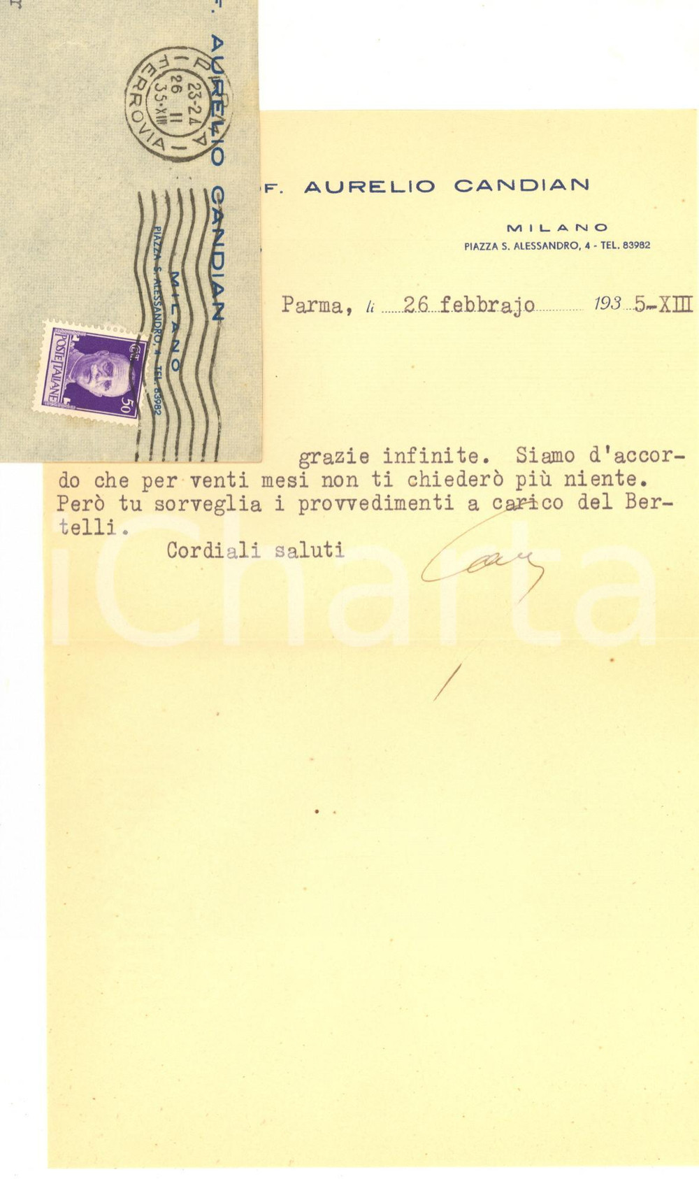Autografo originale 1935 PARMA Lettera Aurelio CANDIAN a un collega  Ringraziamento Autografo 1