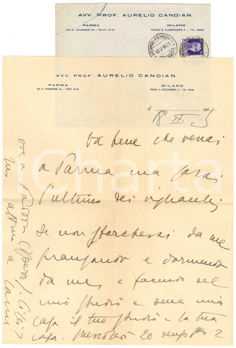 1936 PARMA Lettera Aurelio CANDIAN - Invito a un amico - Autografo Lettera interamente autografa, su carta intestata.Busta viaggiata.PAGINE: 1 FAIR/discreto piegature d'epoca  originale e autentica 1
