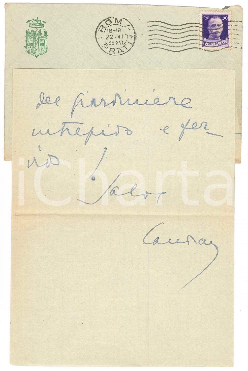 Autografo originale 1938 ROMA Modern Hotel  Lettera Aurelio CANDIAN a un amico  Autografo 1