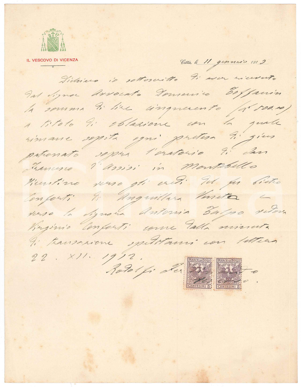 1913 VICENZA Vescovo Ferdinando RODOLFI - Ricevuta per oblazione *Autografo