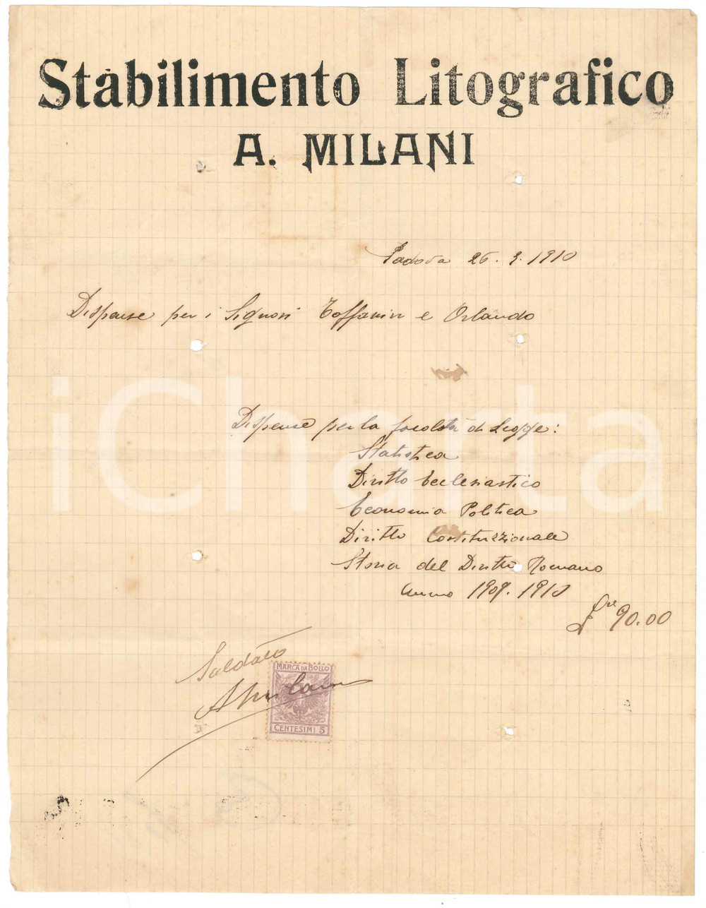 Documento originale, autentico 1910 PADOVA Stabilimento Litografico A. MILANI  Conto manoscritto per dispense 1