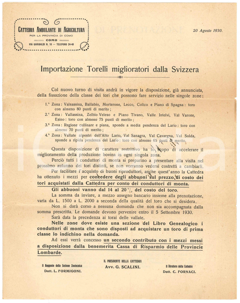 Documento originale, autentico 1930 COMO Cattedra Agricoltura Importazione torelli miglioratori dalla Svizzera 1